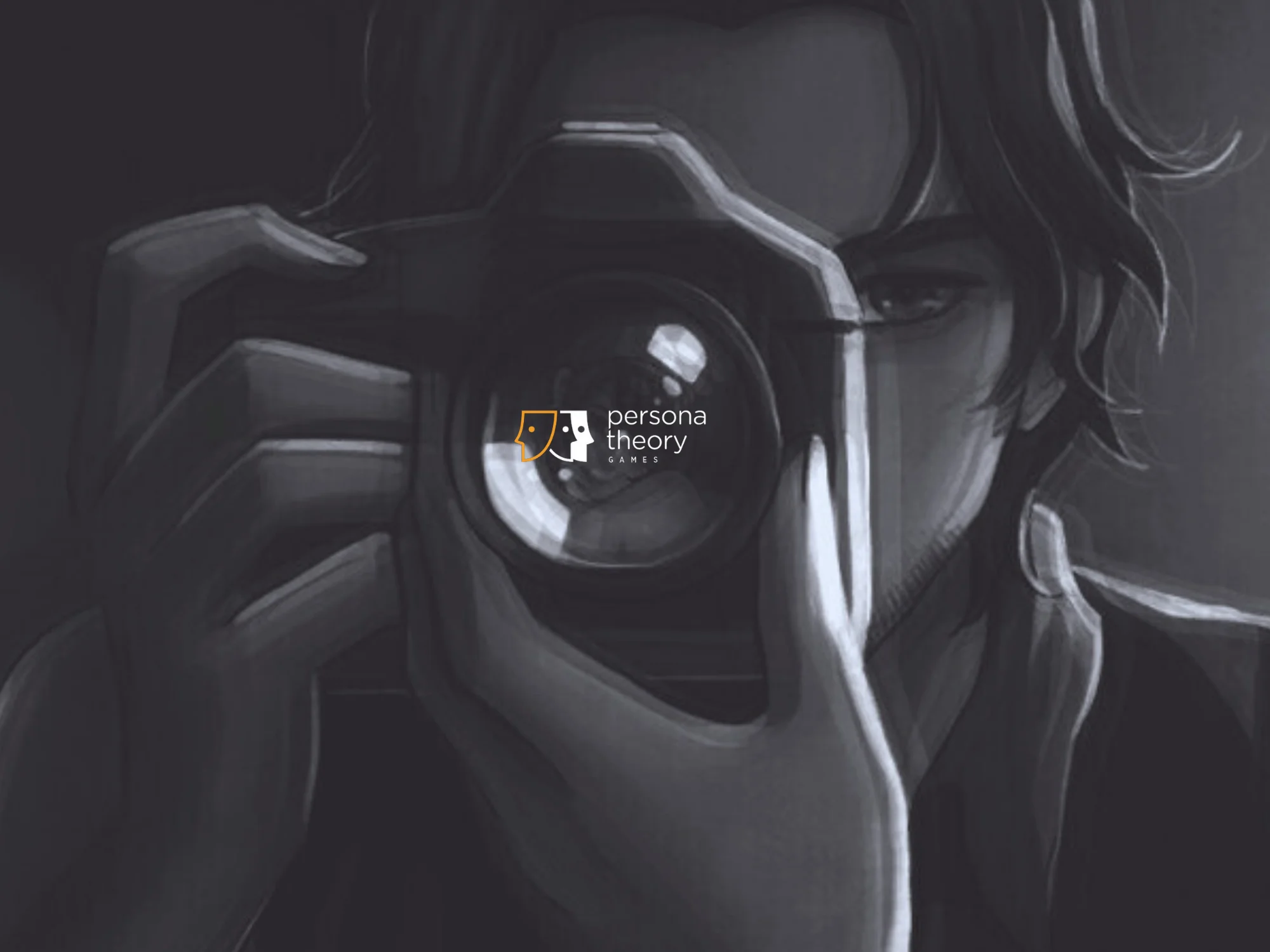 A man holding a camera towards the screen. The logo of Persona Theory games can be seen in the camera's lense.