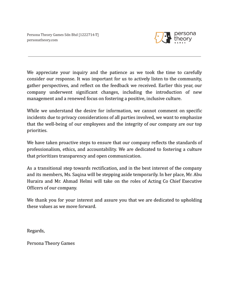 Persona Theory Games Statement on Workplace Abuse and Sexual Harassment