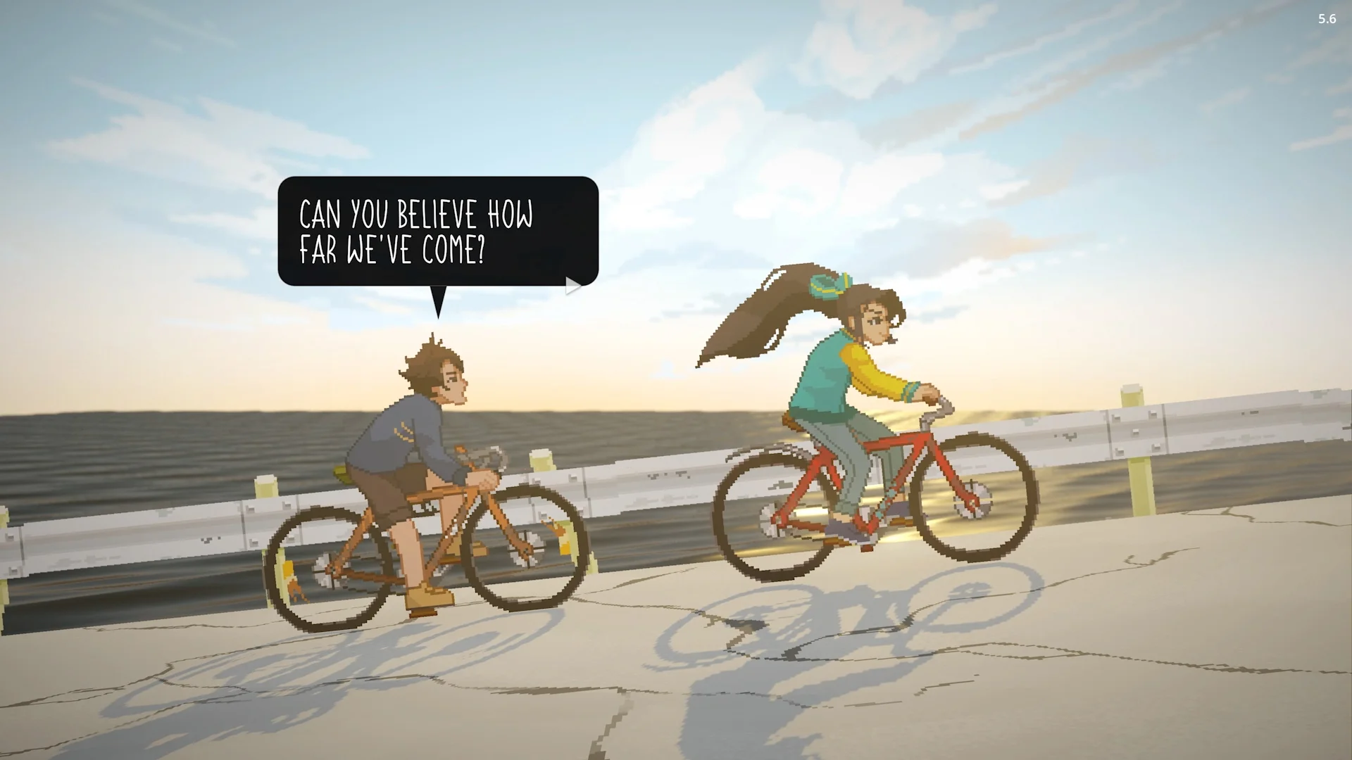 A screenshot of the game Until Then, showing two children on bicycles.